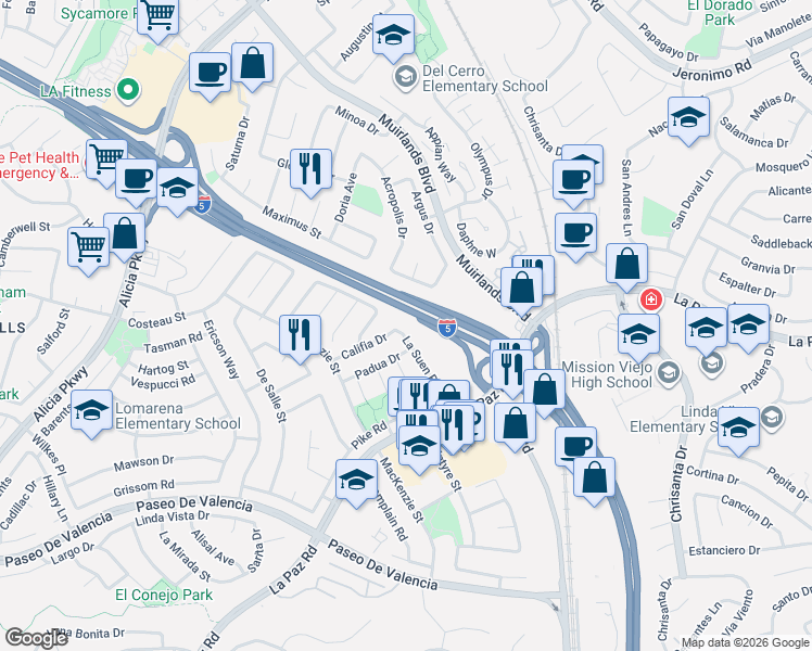 map of restaurants, bars, coffee shops, grocery stores, and more near 25022 La Suen Road in Laguna Hills