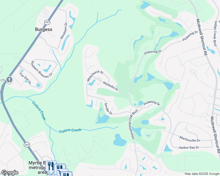 map of restaurants, bars, coffee shops, grocery stores, and more near 119 Marbella Drive in Murrells Inlet