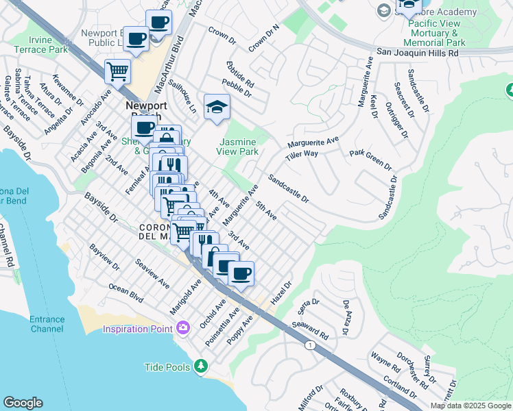 map of restaurants, bars, coffee shops, grocery stores, and more near 721 Marigold Avenue in Newport Beach