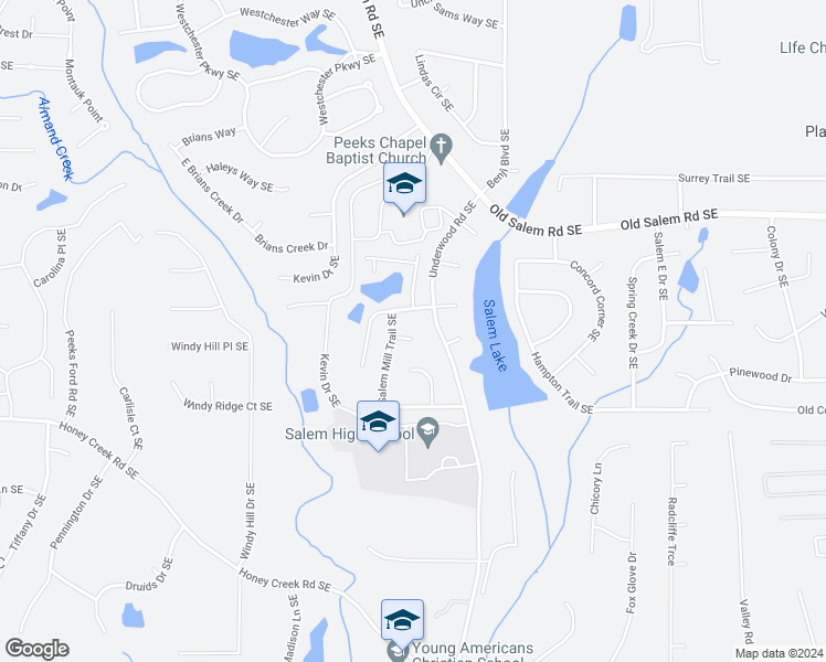 map of restaurants, bars, coffee shops, grocery stores, and more near 1686 Salem Mill Court Southeast in Conyers