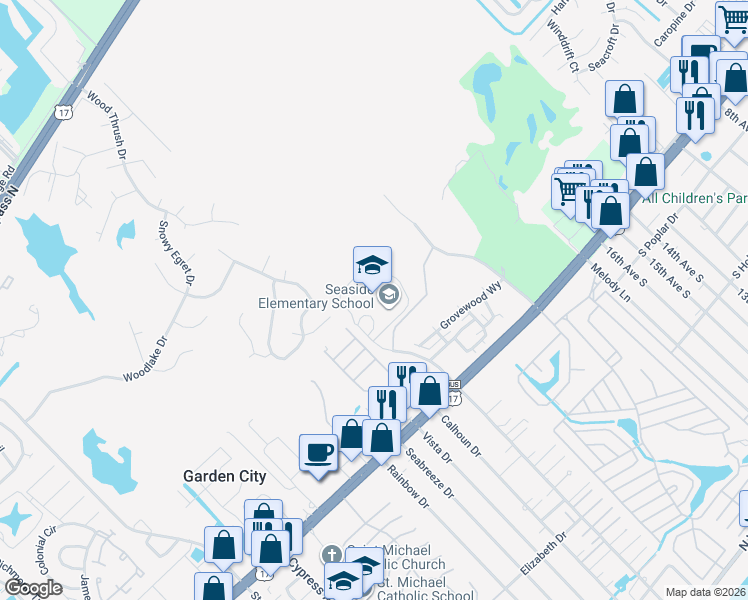 map of restaurants, bars, coffee shops, grocery stores, and more near 1605 Woodland Drive in Murrells Inlet