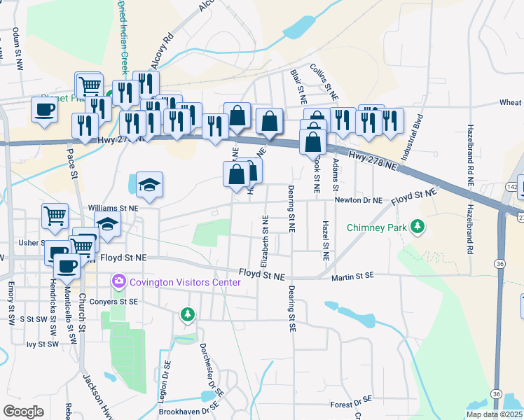 map of restaurants, bars, coffee shops, grocery stores, and more near 4217 Elizabeth Street Northeast in Covington