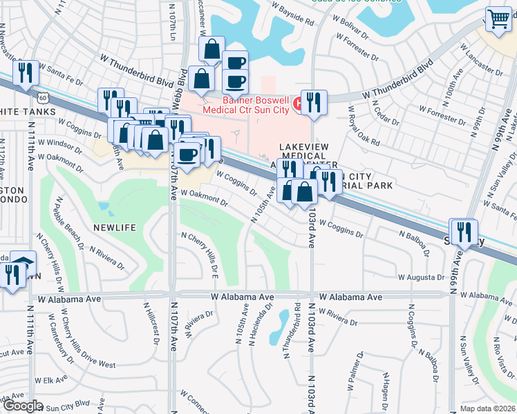 map of restaurants, bars, coffee shops, grocery stores, and more near 12626 North 105th Avenue in Sun City