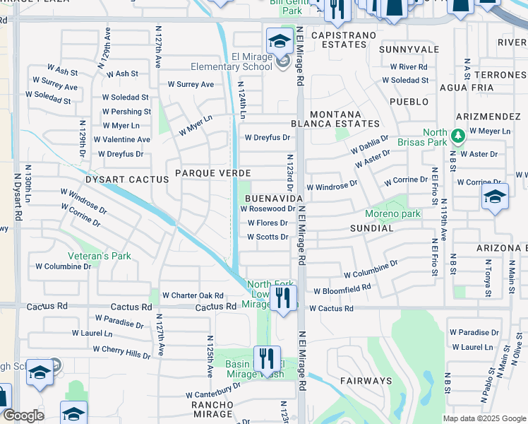 map of restaurants, bars, coffee shops, grocery stores, and more near 12405 West Rosewood Drive in El Mirage
