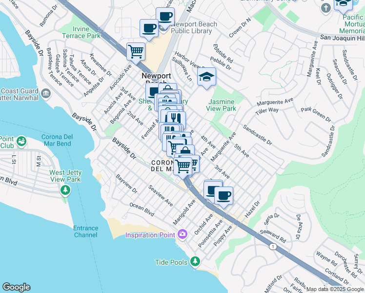 map of restaurants, bars, coffee shops, grocery stores, and more near 512 Iris Avenue in Newport Beach