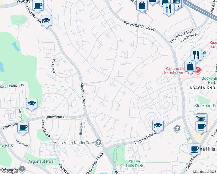 map of restaurants, bars, coffee shops, grocery stores, and more near 697 Avenida Sevilla in Laguna Woods