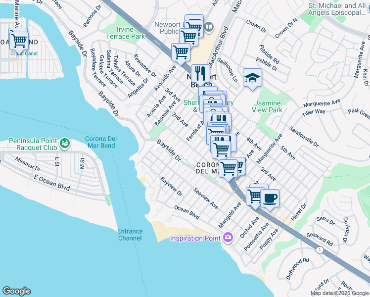 map of restaurants, bars, coffee shops, grocery stores, and more near 412 Fernleaf Avenue in Newport Beach