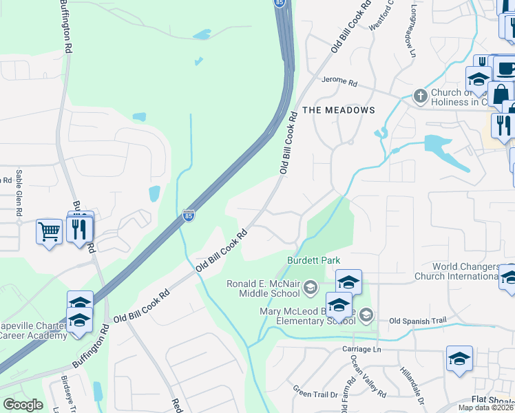 map of restaurants, bars, coffee shops, grocery stores, and more near 5715 Old Bill Cook Road in College Park