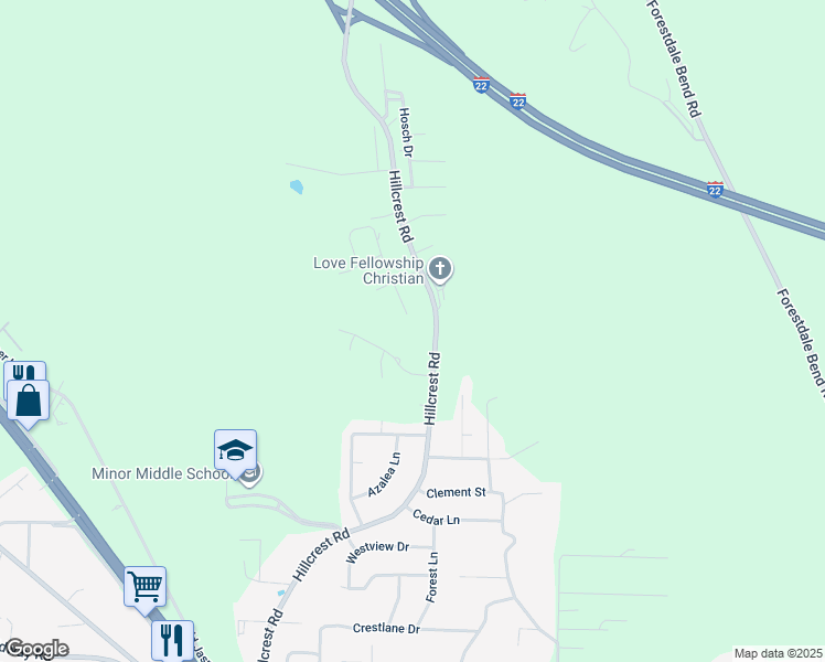 map of restaurants, bars, coffee shops, grocery stores, and more near 3100 Hillcrest Trce in Adamsville