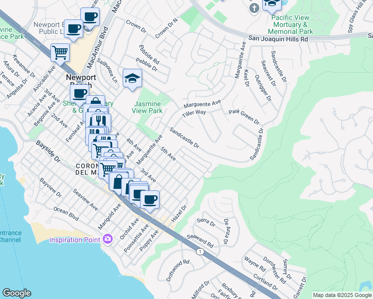 map of restaurants, bars, coffee shops, grocery stores, and more near 3521 Geranium Avenue in Newport Beach