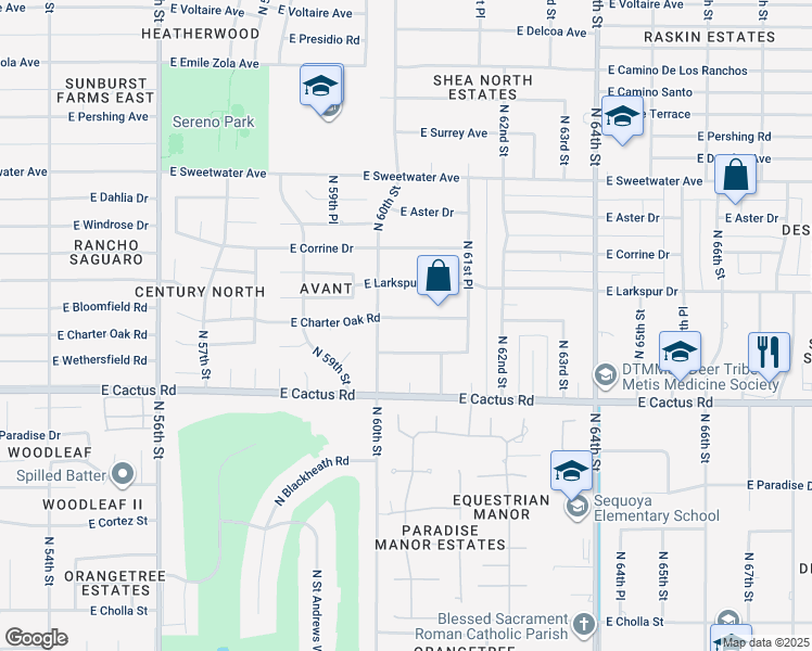 map of restaurants, bars, coffee shops, grocery stores, and more near 6016 East Charter Oak Road in Scottsdale