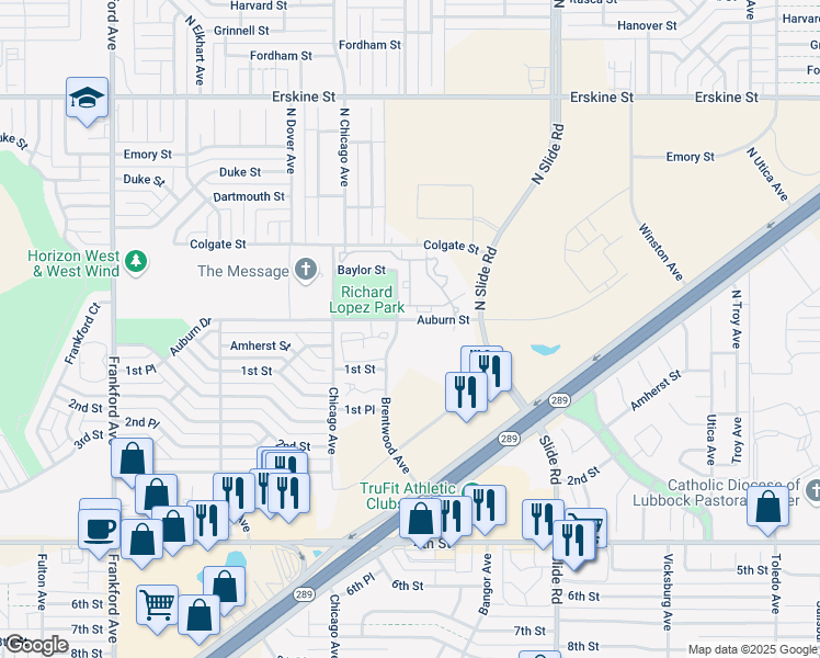 map of restaurants, bars, coffee shops, grocery stores, and more near 5202 Auburn Street in Lubbock