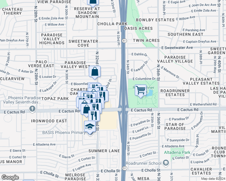 map of restaurants, bars, coffee shops, grocery stores, and more near 3309 East Columbine Drive in Phoenix