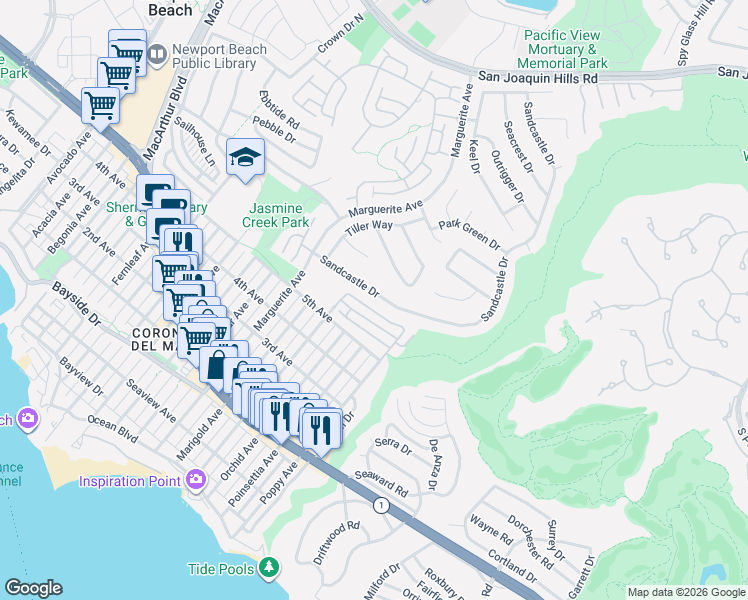 map of restaurants, bars, coffee shops, grocery stores, and more near 893 Sandcastle Drive in Newport Beach