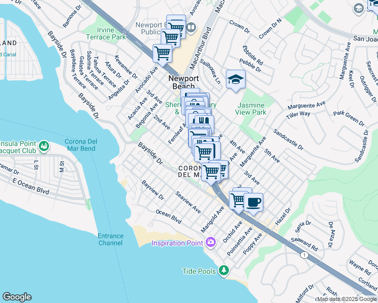 map of restaurants, bars, coffee shops, grocery stores, and more near 512 Goldenrod Avenue in Newport Beach