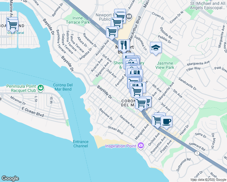 map of restaurants, bars, coffee shops, grocery stores, and more near 426 Dahlia Avenue in Newport Beach