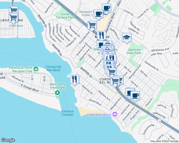 map of restaurants, bars, coffee shops, grocery stores, and more near 426 Dahlia Avenue in Newport Beach