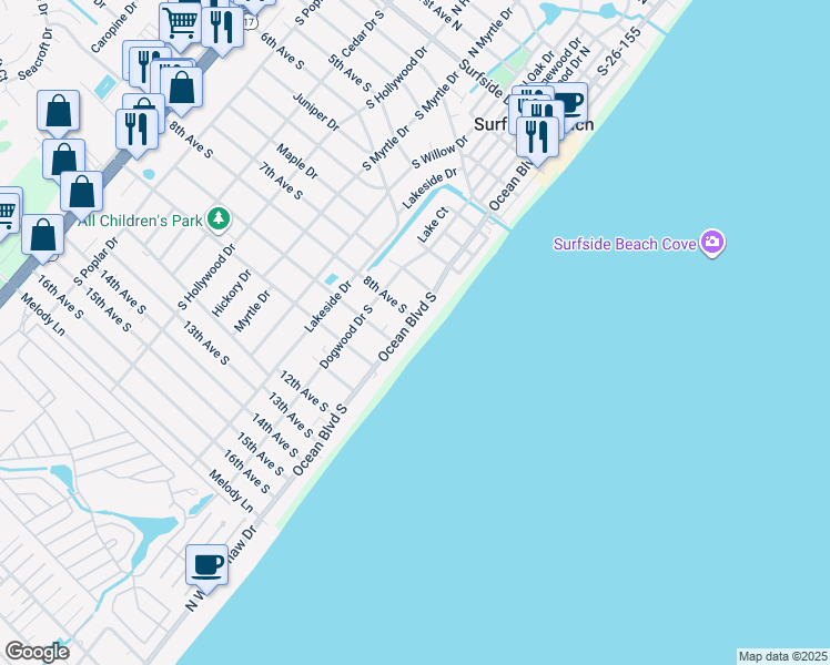 map of restaurants, bars, coffee shops, grocery stores, and more near 716 Ocean Boulevard South in Surfside Beach