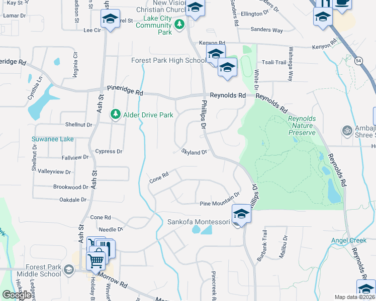 map of restaurants, bars, coffee shops, grocery stores, and more near 5647 Highland Street in Forest Park