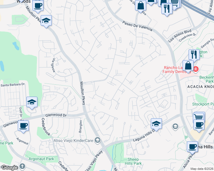 map of restaurants, bars, coffee shops, grocery stores, and more near 697 Avenida Sevilla in Laguna Woods