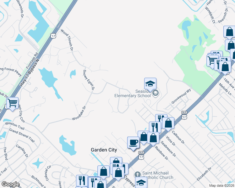 map of restaurants, bars, coffee shops, grocery stores, and more near 801 Mockingbird Court in Murrells Inlet