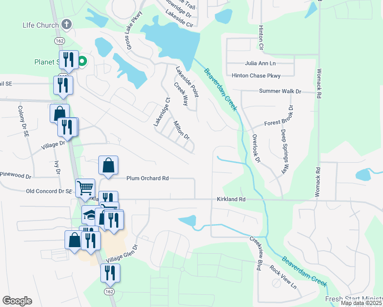 map of restaurants, bars, coffee shops, grocery stores, and more near 614 Lakeridge Court in Covington