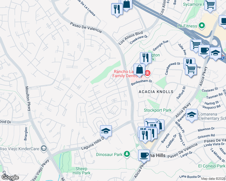 map of restaurants, bars, coffee shops, grocery stores, and more near 661 Avenida Sevilla in Laguna Woods