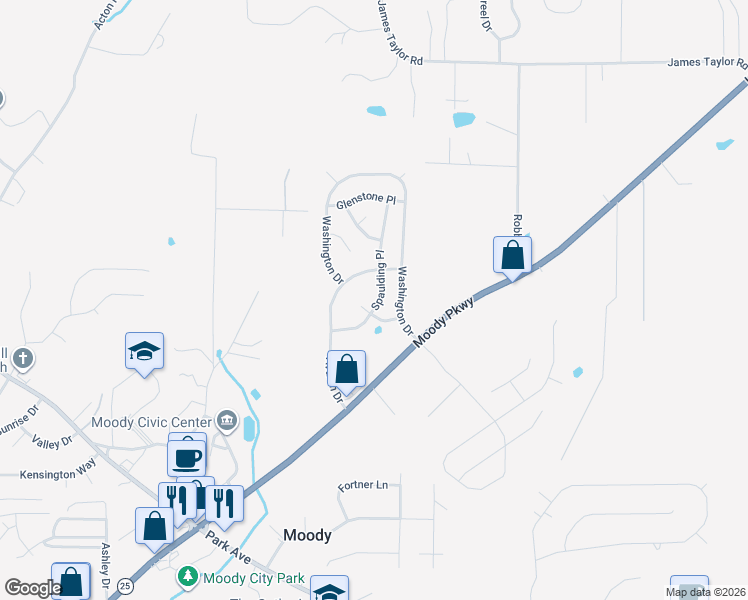 map of restaurants, bars, coffee shops, grocery stores, and more near 1136 Avalon Drive in Moody
