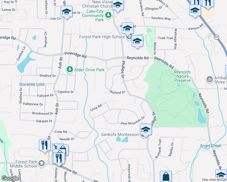 map of restaurants, bars, coffee shops, grocery stores, and more near 5647 Highland Street in Forest Park