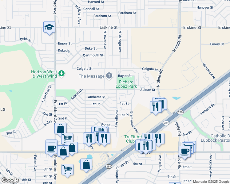 map of restaurants, bars, coffee shops, grocery stores, and more near 5501 Auburn Street in Lubbock