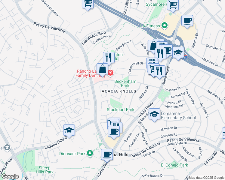 map of restaurants, bars, coffee shops, grocery stores, and more near 24995 Acacia Lane in Laguna Hills