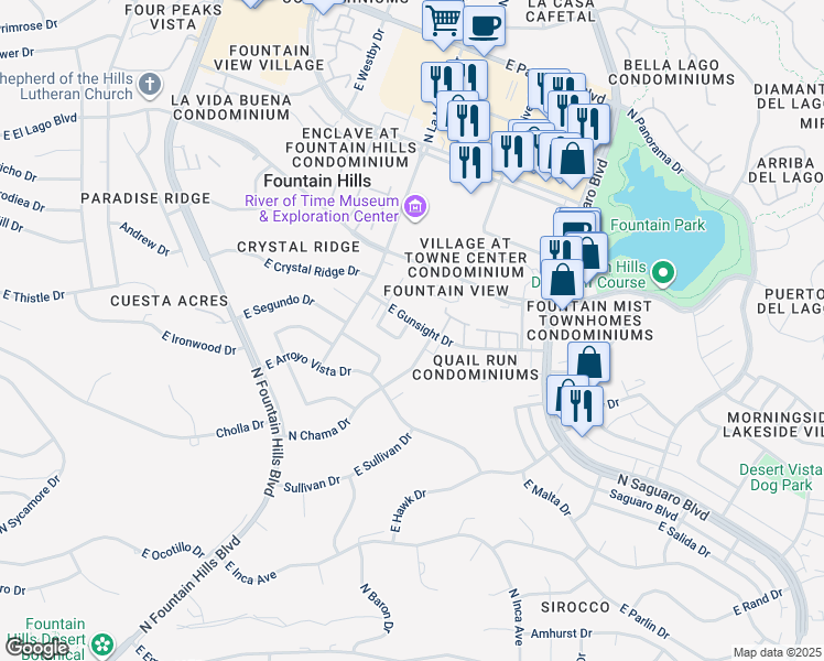 map of restaurants, bars, coffee shops, grocery stores, and more near 16615 East Gunsight Drive in Fountain Hills