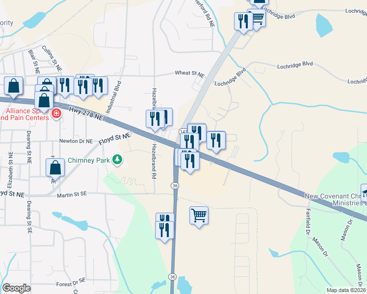 map of restaurants, bars, coffee shops, grocery stores, and more near 5975 Georgia 12 in Covington