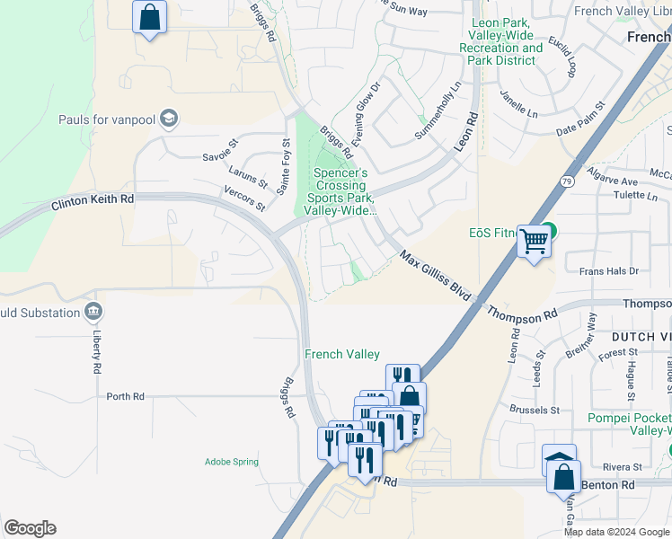 map of restaurants, bars, coffee shops, grocery stores, and more near 35917 Coyote Hill Court in Murrieta