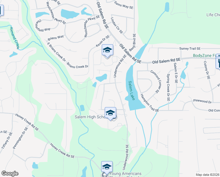 map of restaurants, bars, coffee shops, grocery stores, and more near 1647 Salem Woods Drive Southeast in Conyers