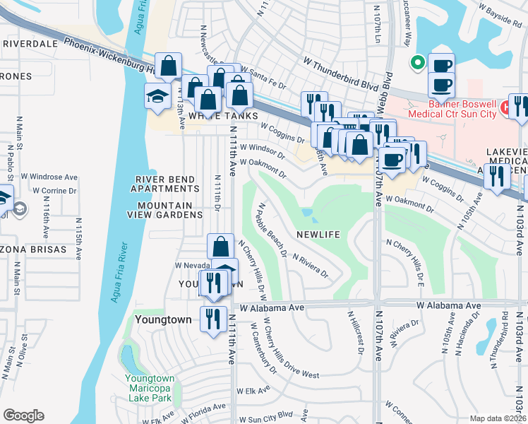 map of restaurants, bars, coffee shops, grocery stores, and more near 12658 North Pebble Beach Drive in Sun City