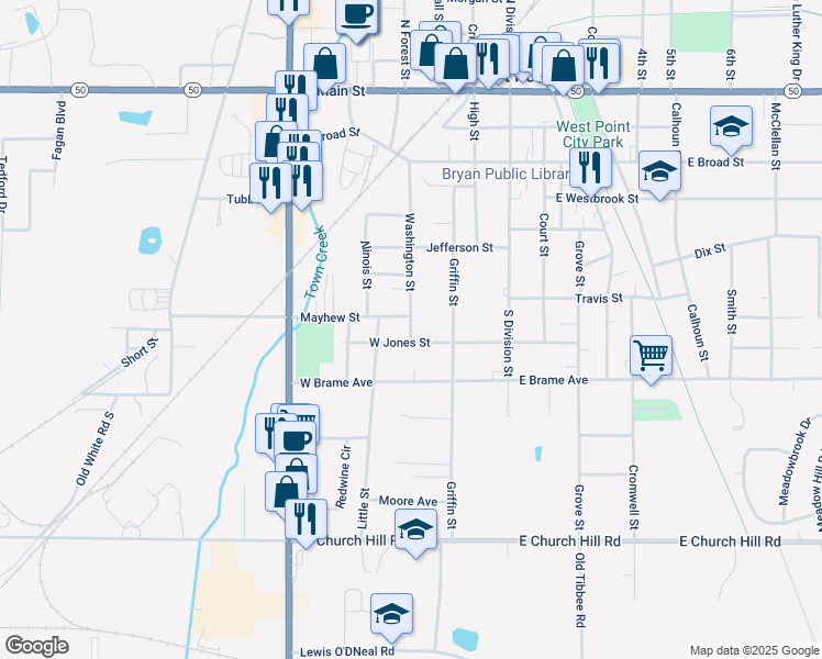 map of restaurants, bars, coffee shops, grocery stores, and more near 559-617 Washington Street in West Point