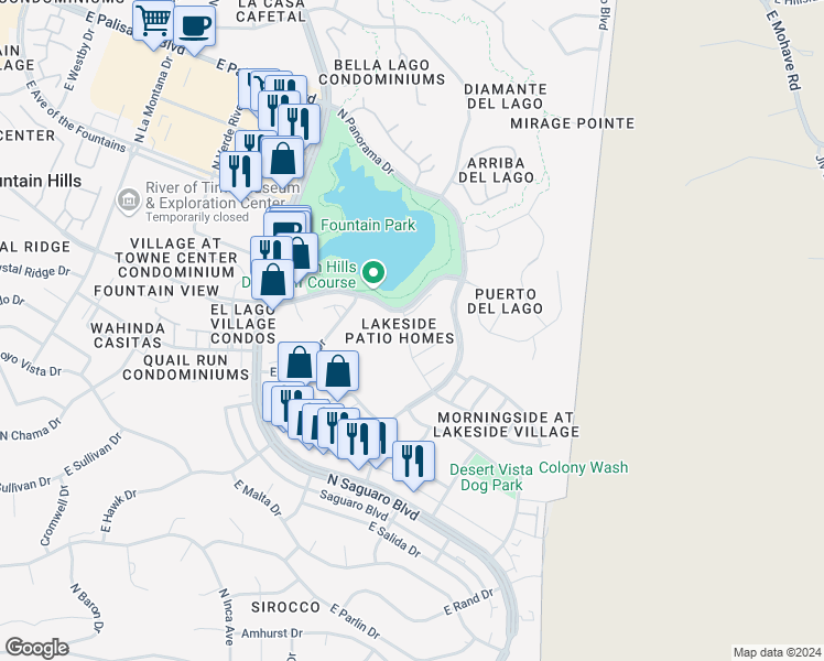 map of restaurants, bars, coffee shops, grocery stores, and more near 16820 East Widgeon Court in Fountain Hills