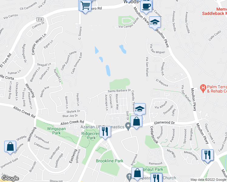 map of restaurants, bars, coffee shops, grocery stores, and more near Montecito Court in Aliso Viejo