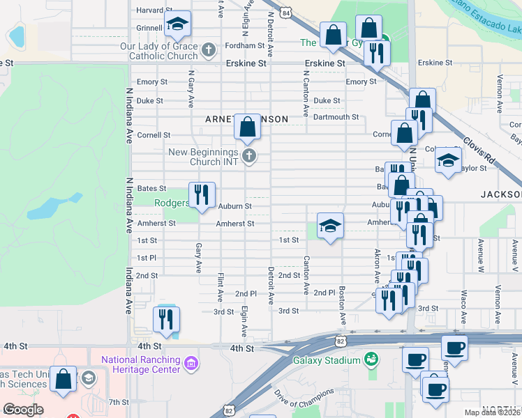 map of restaurants, bars, coffee shops, grocery stores, and more near 2909 Bates Street in Lubbock