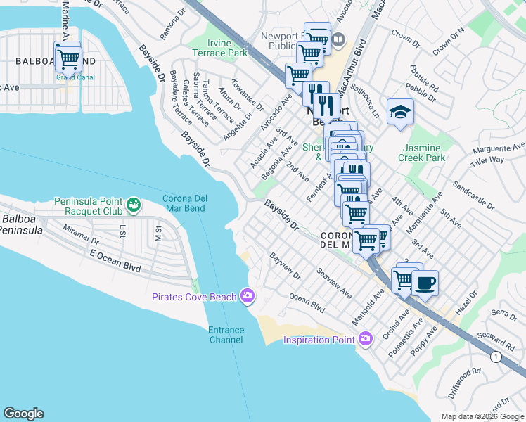 map of restaurants, bars, coffee shops, grocery stores, and more near in Newport Beach