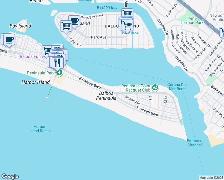 map of restaurants, bars, coffee shops, grocery stores, and more near 1324 East Balboa Boulevard in Newport Beach