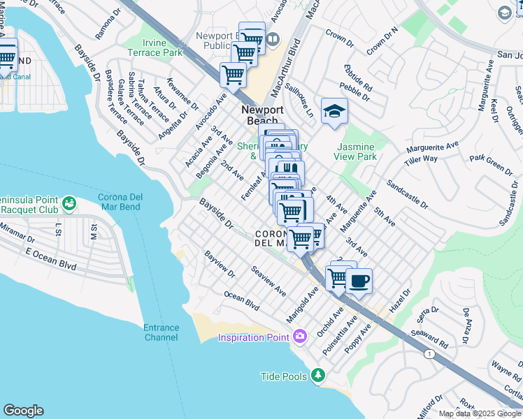 map of restaurants, bars, coffee shops, grocery stores, and more near 432 1/2 Fernleaf Avenue in Newport Beach