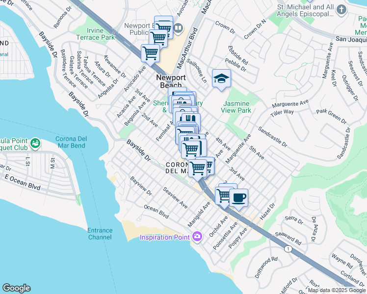 map of restaurants, bars, coffee shops, grocery stores, and more near 512 Goldenrod Avenue in Newport Beach