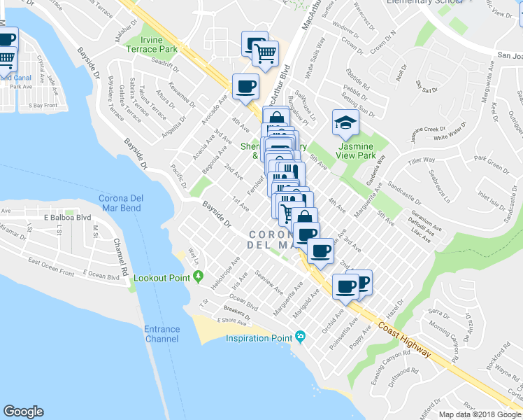 map of restaurants, bars, coffee shops, grocery stores, and more near 426 Goldenrod Avenue in Newport Beach