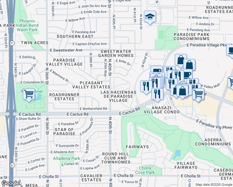 map of restaurants, bars, coffee shops, grocery stores, and more near 4034 East Bloomfield Road in Phoenix