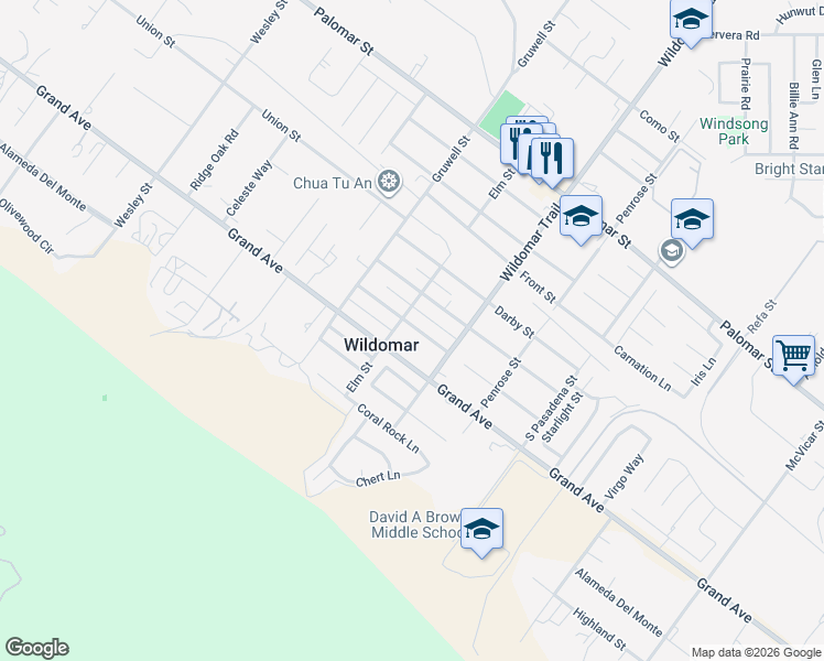 map of restaurants, bars, coffee shops, grocery stores, and more near 21457 Pecan Street in Wildomar