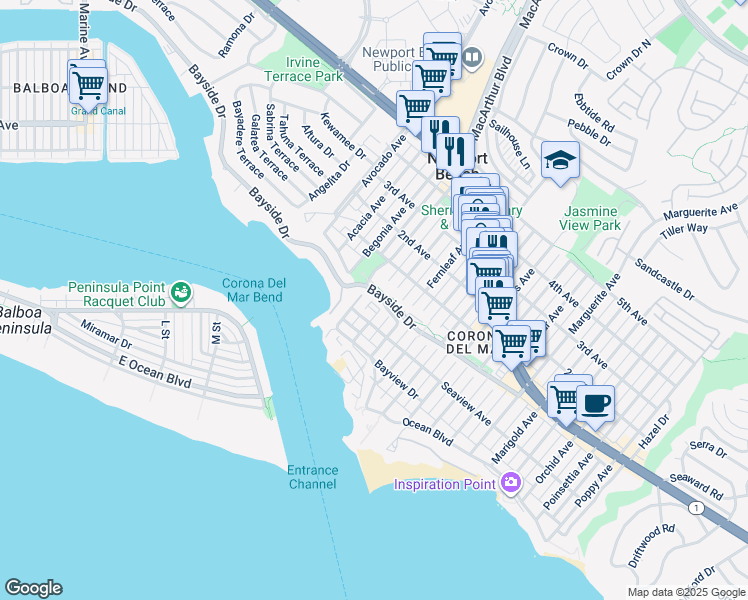 map of restaurants, bars, coffee shops, grocery stores, and more near 356 Dahlia Place in Newport Beach