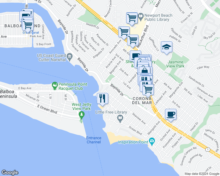 map of restaurants, bars, coffee shops, grocery stores, and more near 312 Carnation Avenue in Newport Beach