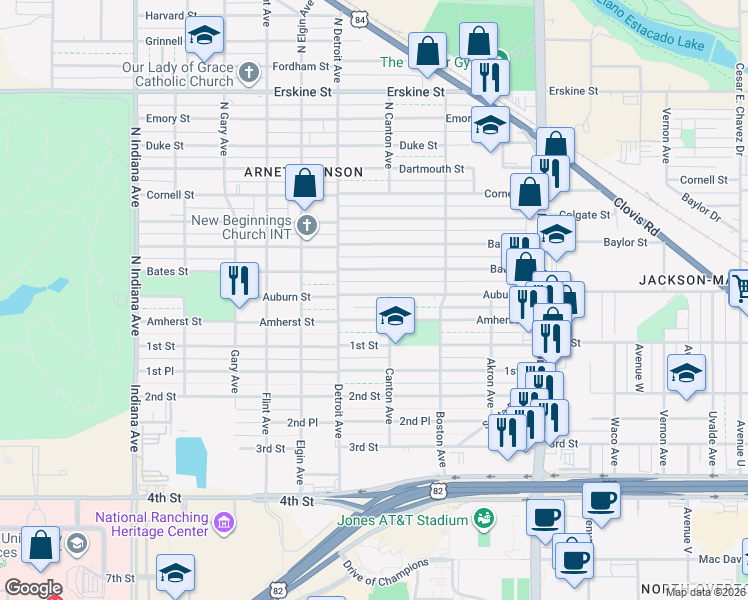 map of restaurants, bars, coffee shops, grocery stores, and more near 2778 Auburn Street in Lubbock
